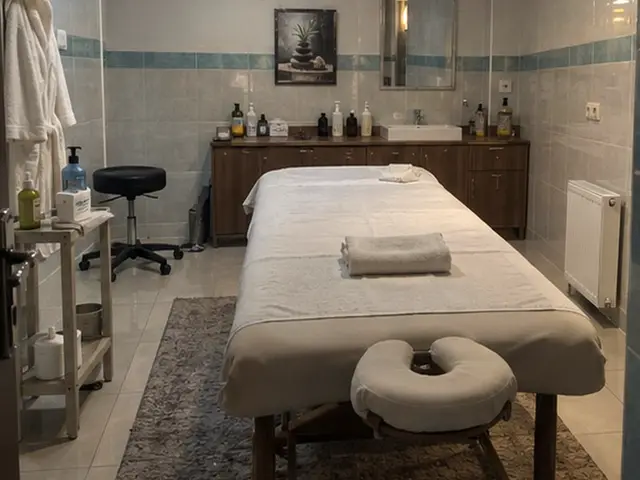 Lavabolu, raflı odada hazır masaj masası — Çiftlikköy, Masaj Salonun